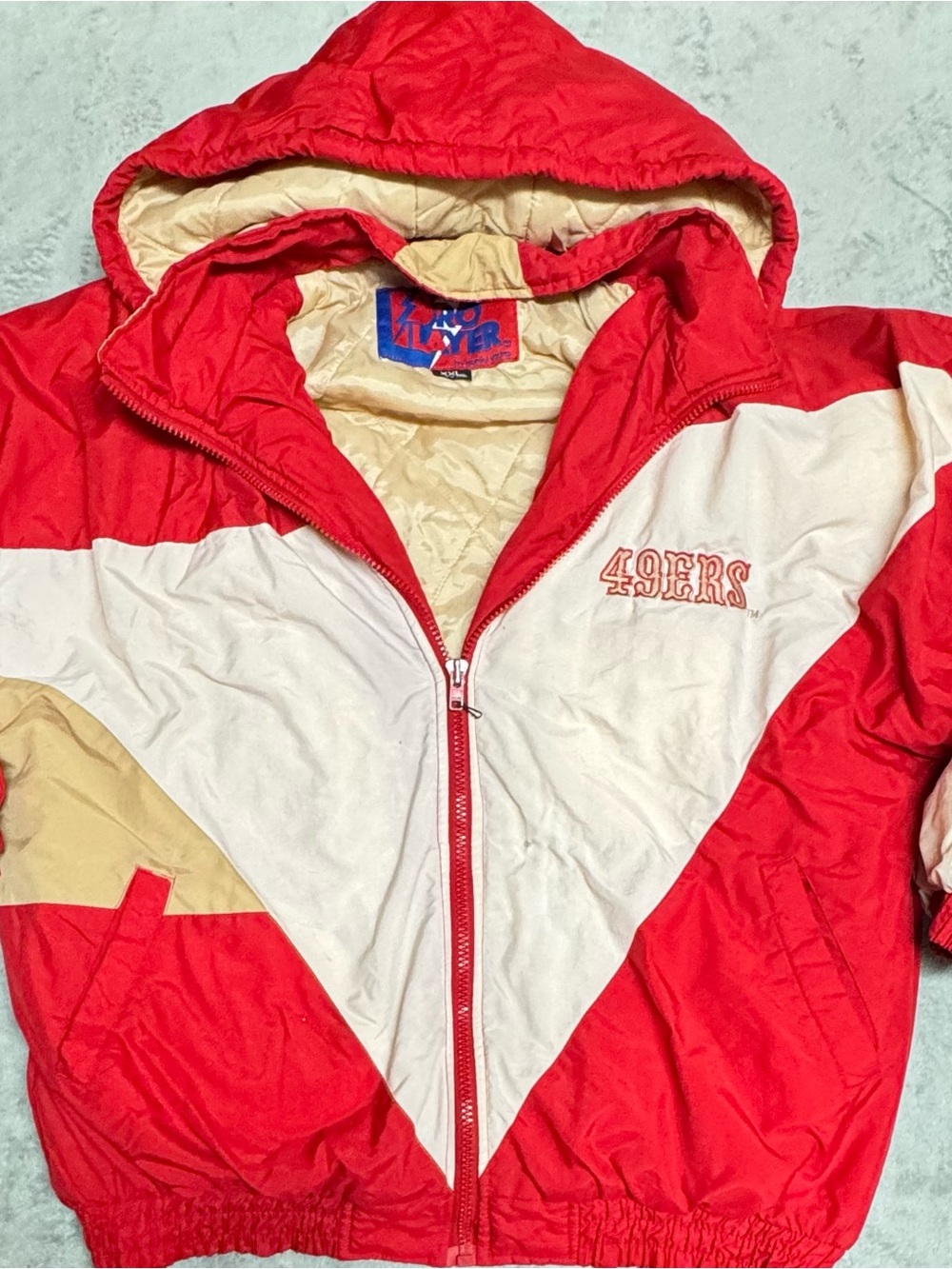 Vintage 90’s Pro Player San Francisco 49ers Jacket Size XXL Red And Cream Rare.